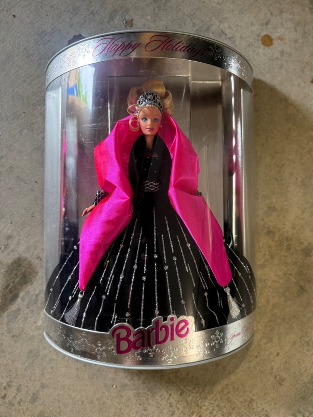 1998 Barbie Happy Holidays Doll in Black & Hot Pink Gown